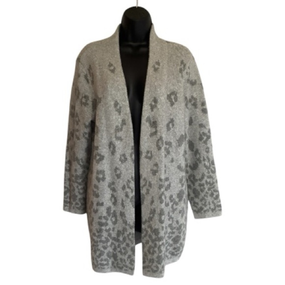 Talbots Heather Animal Print Flyway Gray Knit Cardigan Size L Petite - Picture 2 of 8